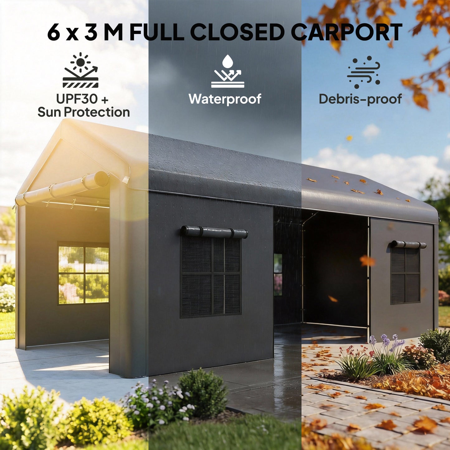 3 x 6 m Heavy Duty Carport, Portable Garage with 3 Doors, Dark Grey