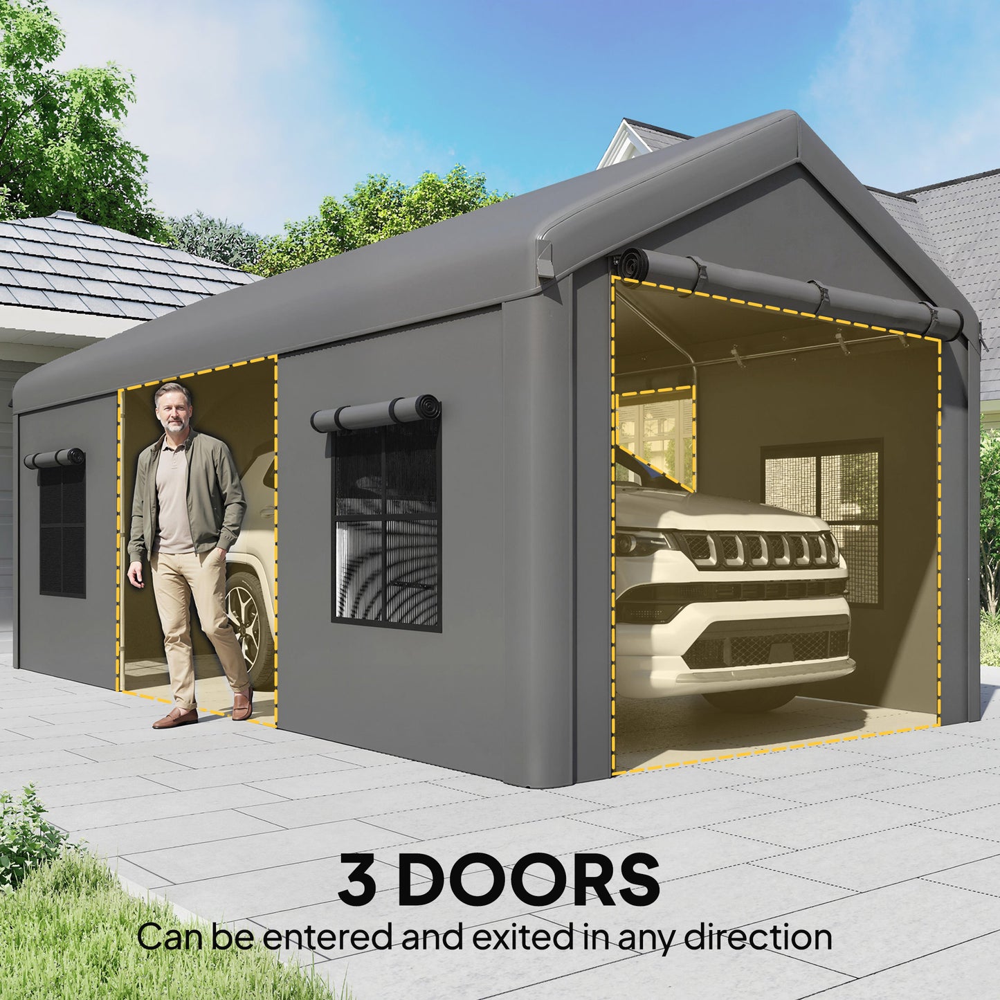 3 x 6 m Heavy Duty Carport, Portable Garage with 3 Doors, Dark Grey