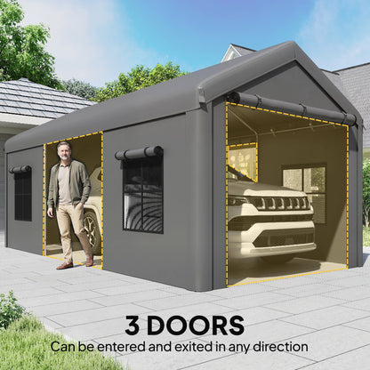 3 x 6 m Heavy Duty Carport, Portable Garage with 3 Doors, Dark Grey