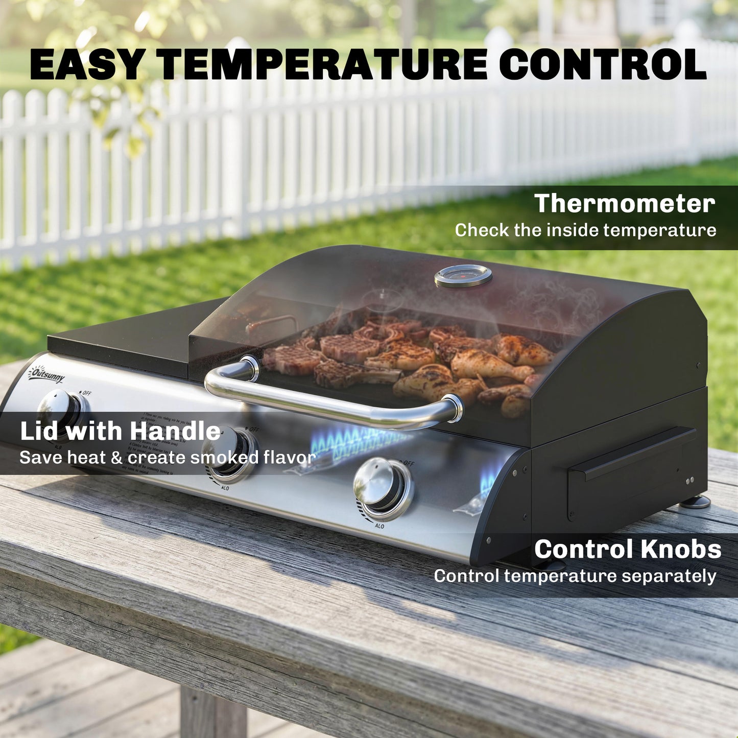 7.5 kW Portable Portable Gas Plancha BBQ Grill with 3 Burner, Black