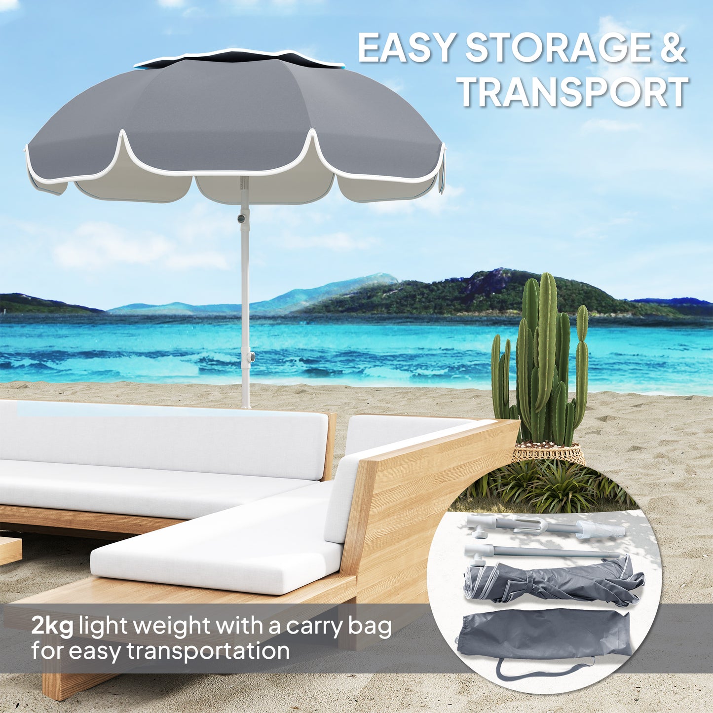 Beach Umbrella, Adjustable Height & Tilt Portable Parasol, Grey