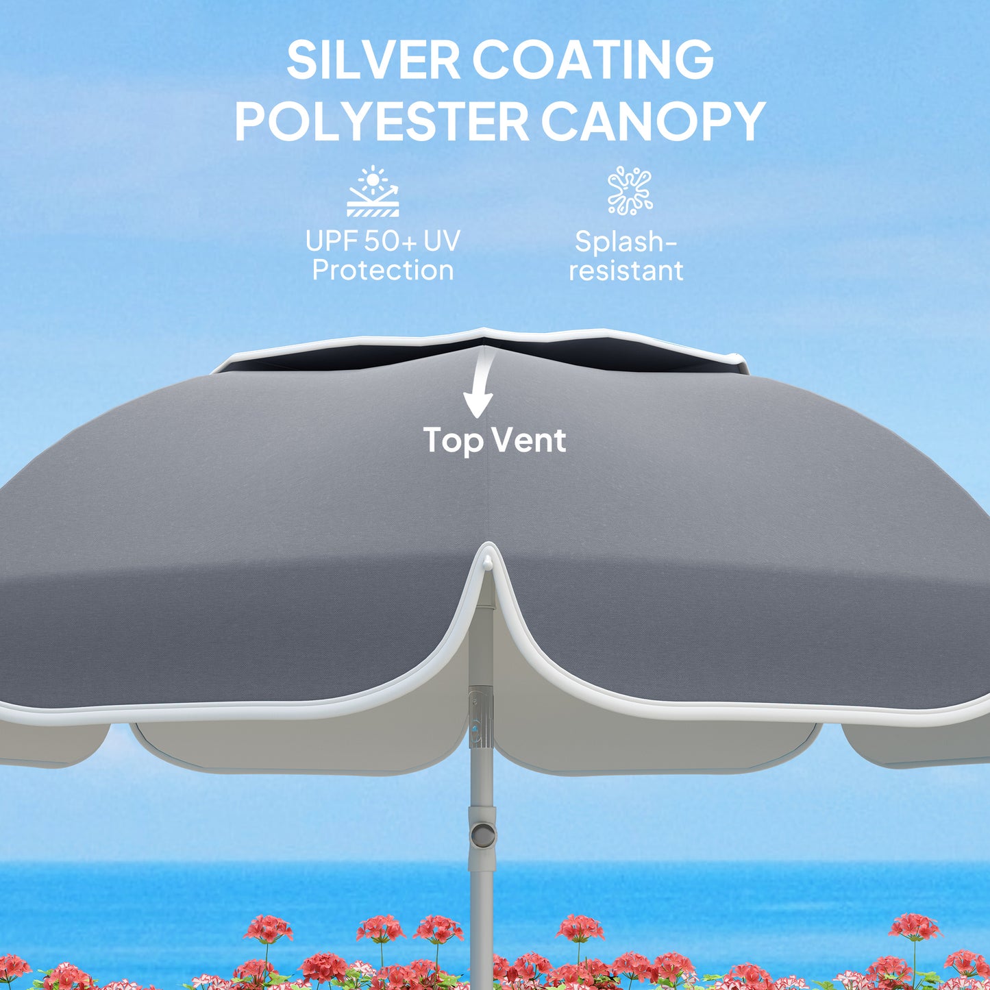 Beach Umbrella, Adjustable Height & Tilt Portable Parasol, Grey