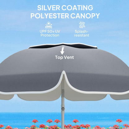 Beach Umbrella, Adjustable Height & Tilt Portable Parasol, Grey