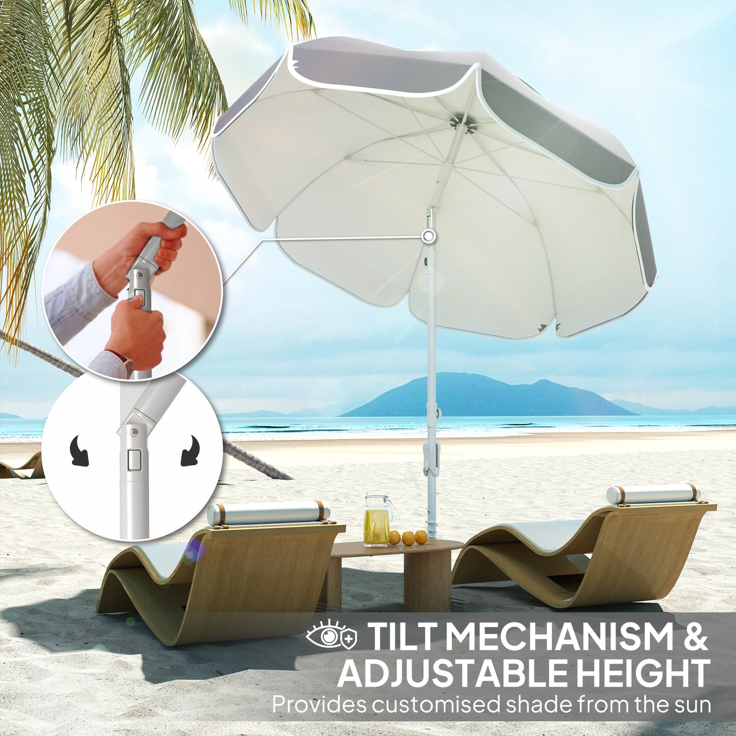 Beach Umbrella, Adjustable Height & Tilt Portable Parasol, Grey