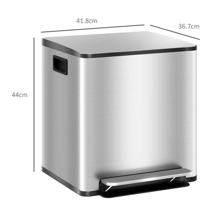 2 x 15L Double Kitchen Bin, Pedal Bin Soft-Close Lid, Silver Tone