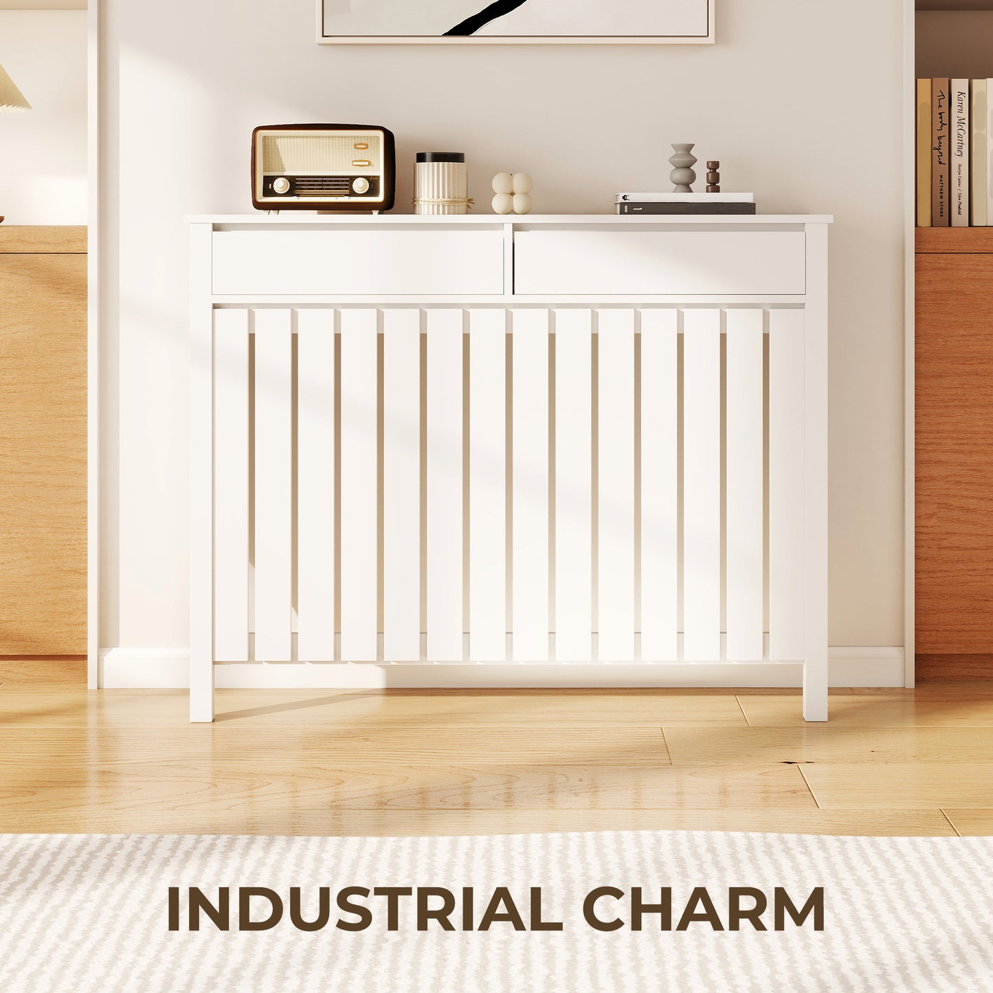 Large Radiator Cover with Drawers and Vertical Slats 119 x 19 x 93cm