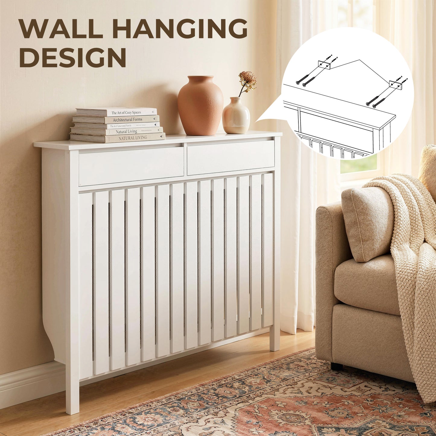 Large Radiator Cover with Drawers and Vertical Slats 119 x 19 x 93cm