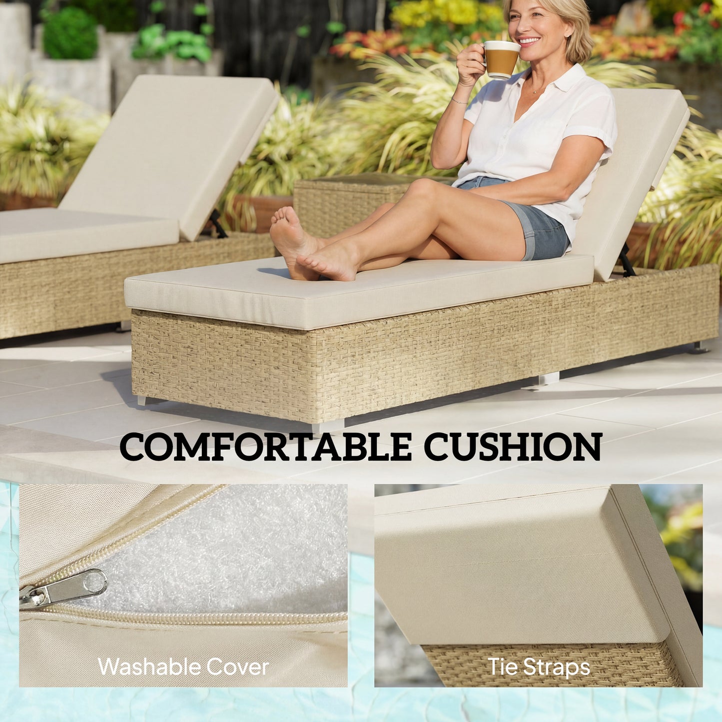 Rattan Sun Loungers Set of 2 with Side Table, Beige