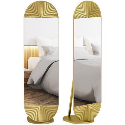 Wavy Full Length Mirror with Metal Frame and Base, Gold Tone
