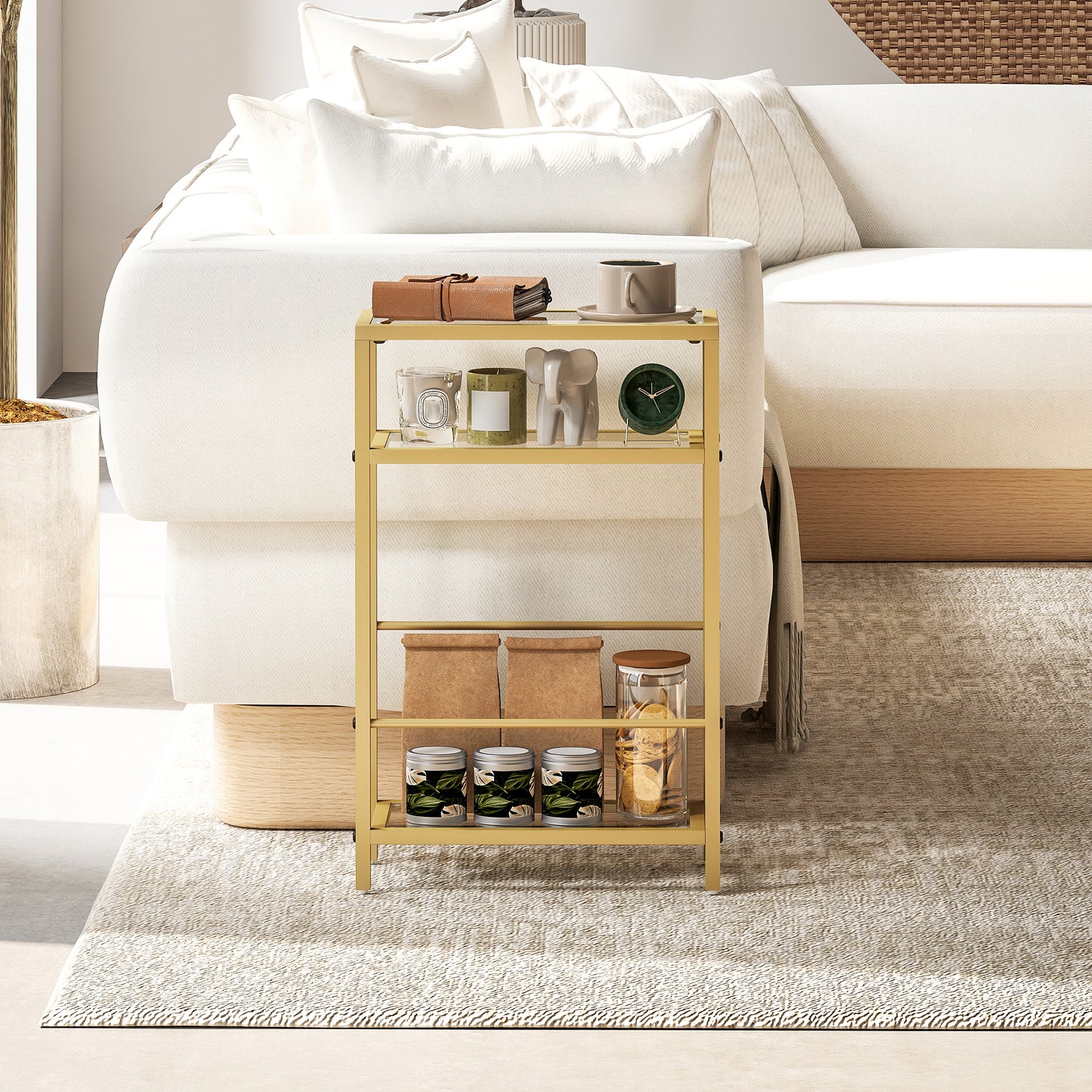 Slim Side Table, End Table with Tempered Glass Tabletop, Gold