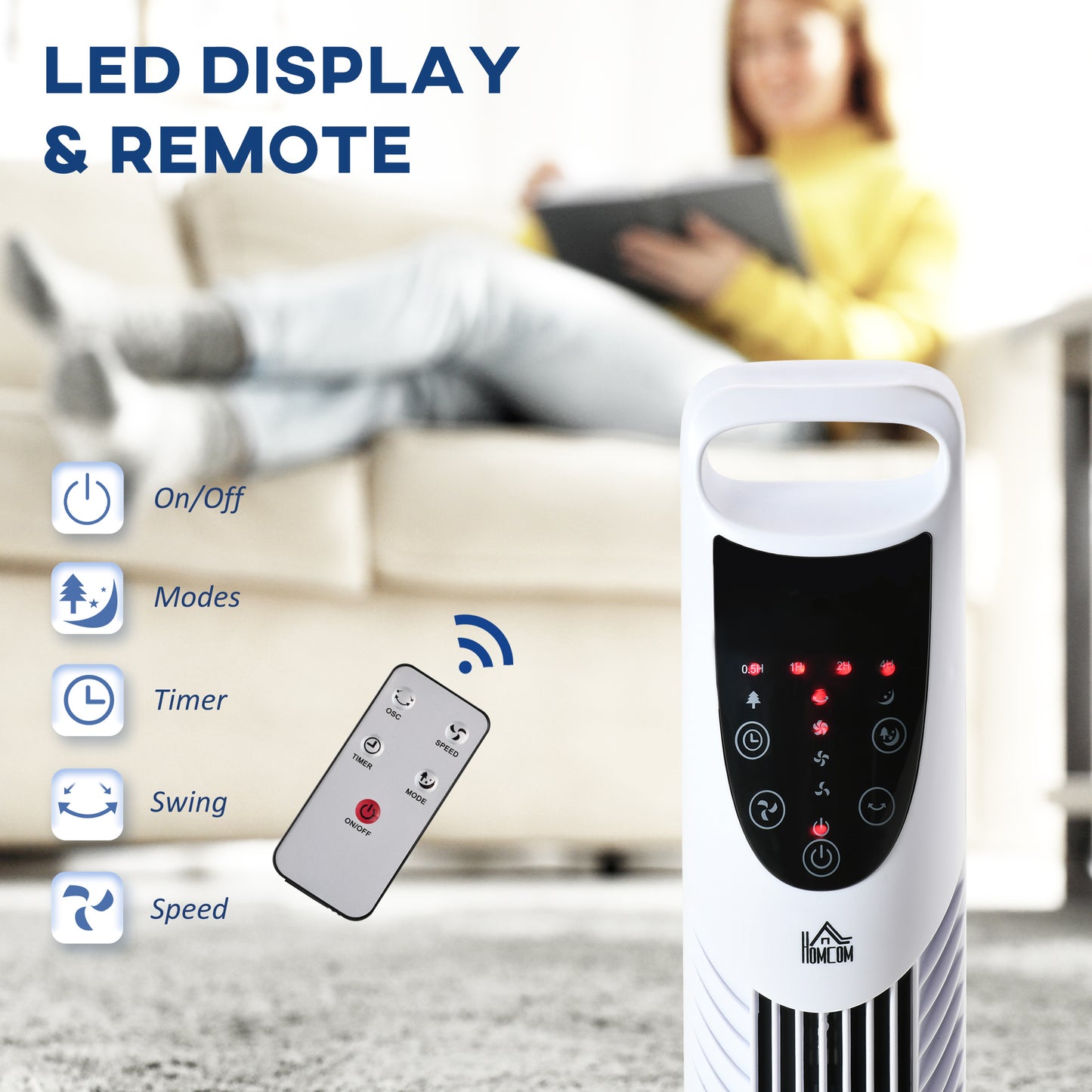 LED 36 Inch Tower Fan 70° Oscillation 3 Speed Remote Controller, White