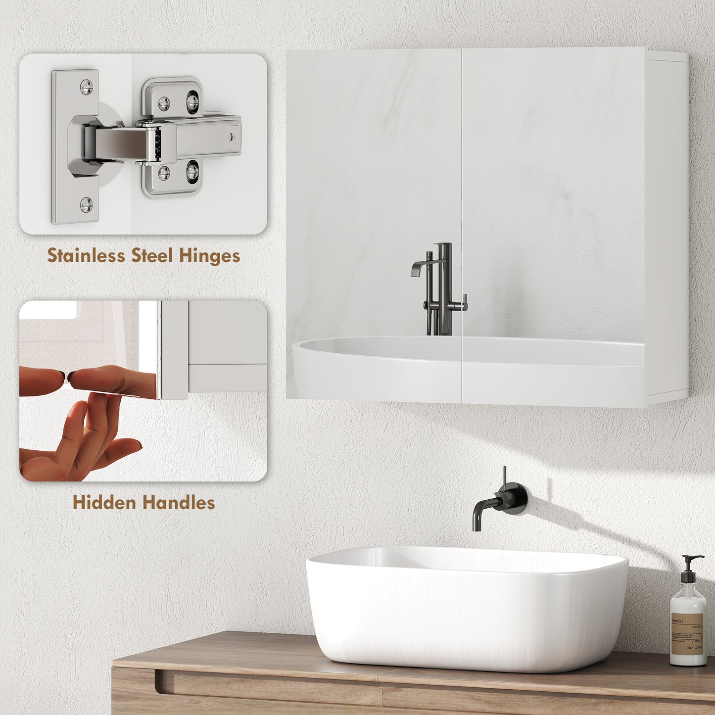 Bathroom Mirror Cabinet with 2 Doors and Adjustable Shelf, White