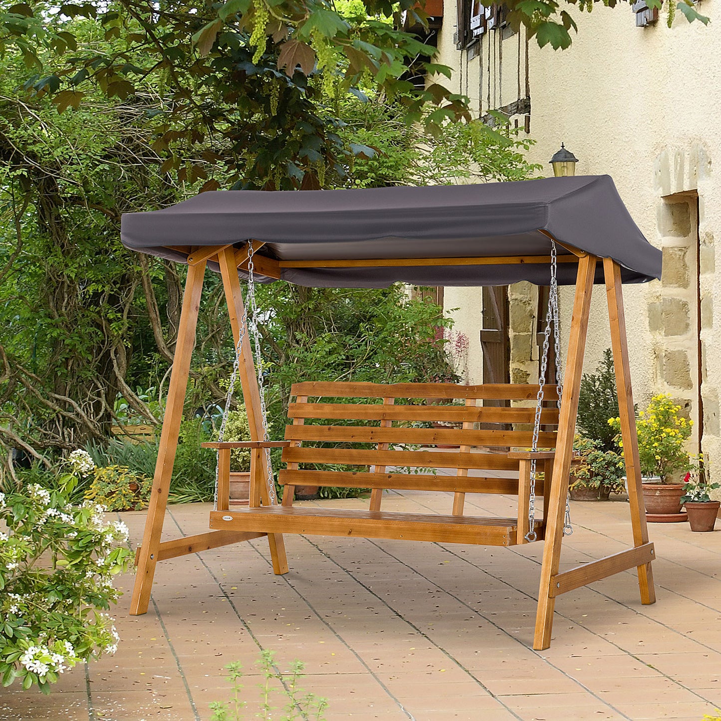 3 Seater Wooden Garden Swing Chair Hammock with Adjustable Canopy