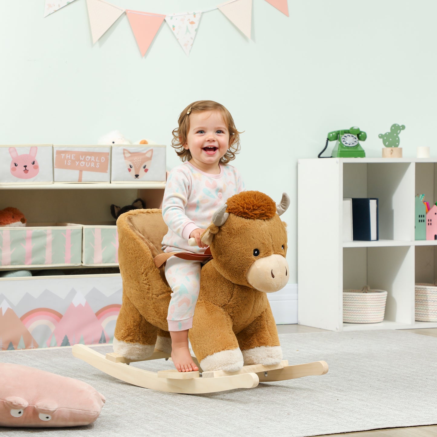 Baby Rocking Horse with Song, Safety Belt, Wood Base for 1-3 Years