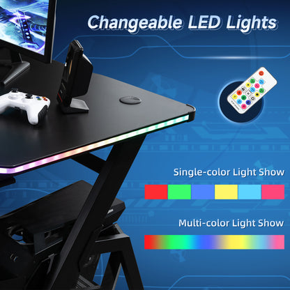 Ergonomic Gaming Desk with Hook Cup Holder LED & Cable Management, Black