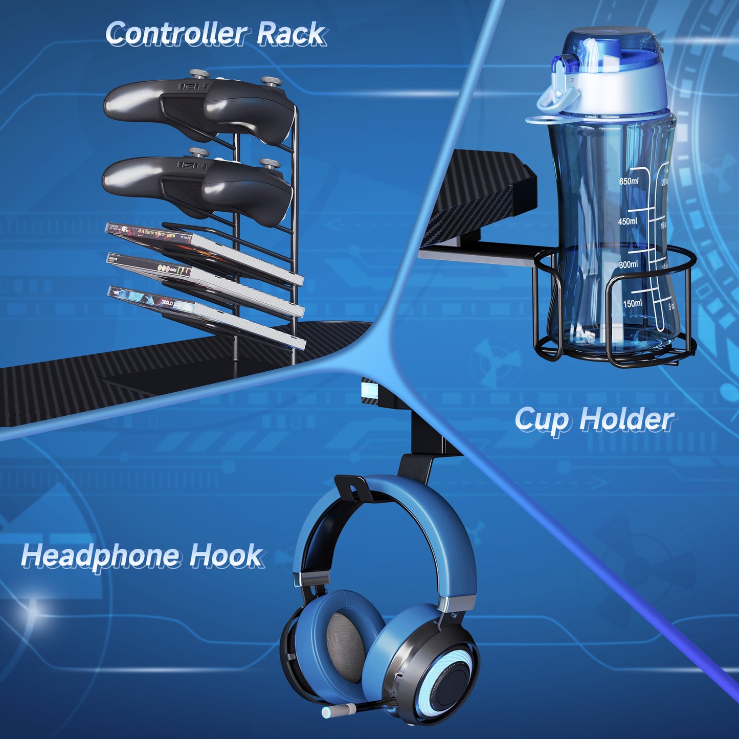 Ergonomic Gaming Desk with Hook Cup Holder LED & Cable Management, Black