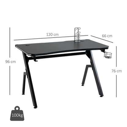 Ergonomic Gaming Desk with Hook Cup Holder LED & Cable Management, Black