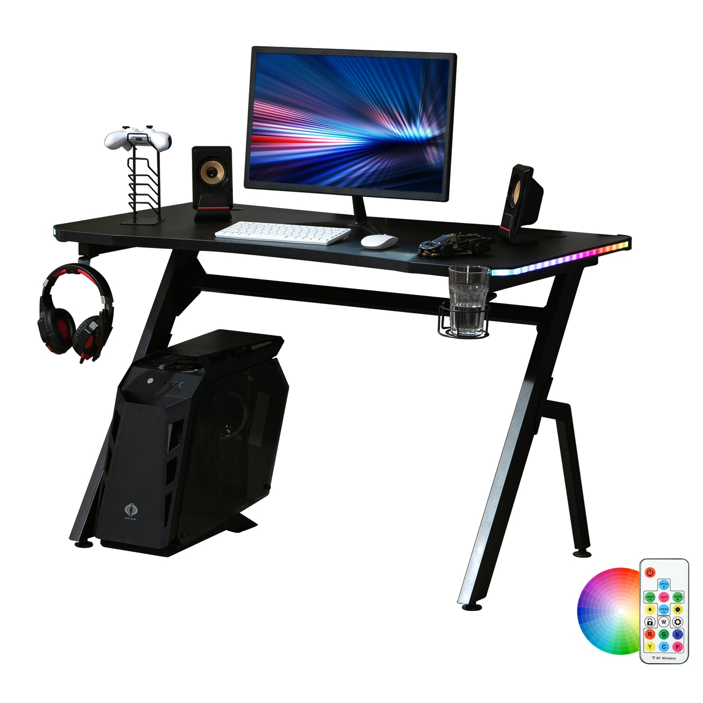Ergonomic Gaming Desk with Hook Cup Holder LED & Cable Management, Black