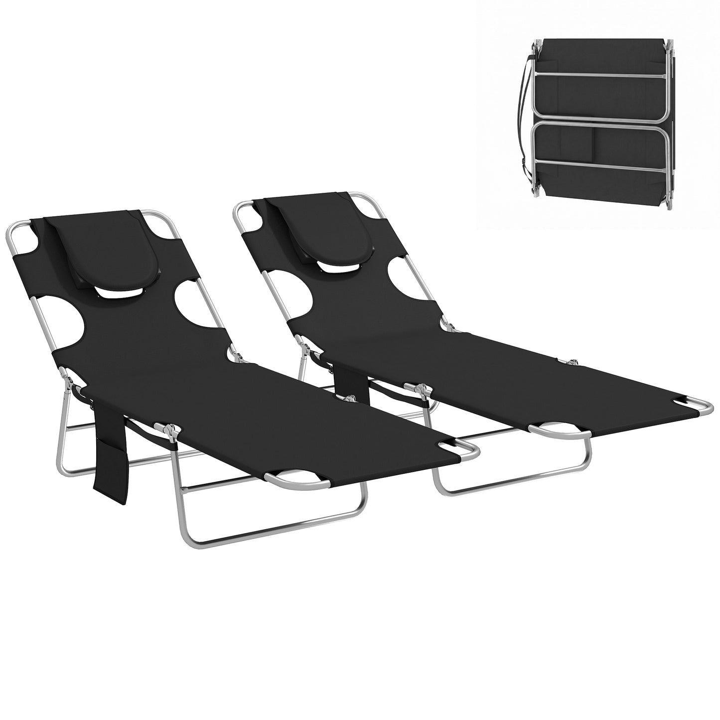 2 Sun Loungers with Reading Hole, Folding Garden Lounger, Black