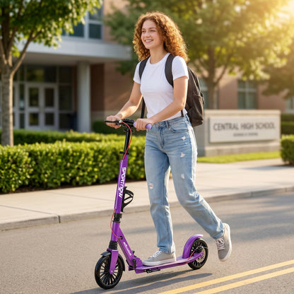 Foldable Kick Scooter with Height Adjustable Handlebar, One-click Folding Adult Scooters with 200 mm Big Wheels, Shock Absorption, ABEC-7 Bearings, Dual Brake System, Aluminium Frame, Purple