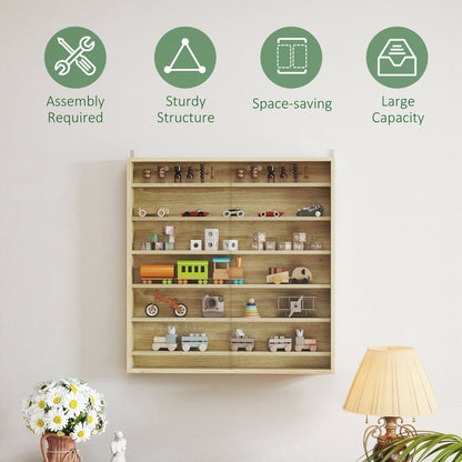 7-Tier Wall Display Cabinet w/ Shelves Glass Doors, Oak