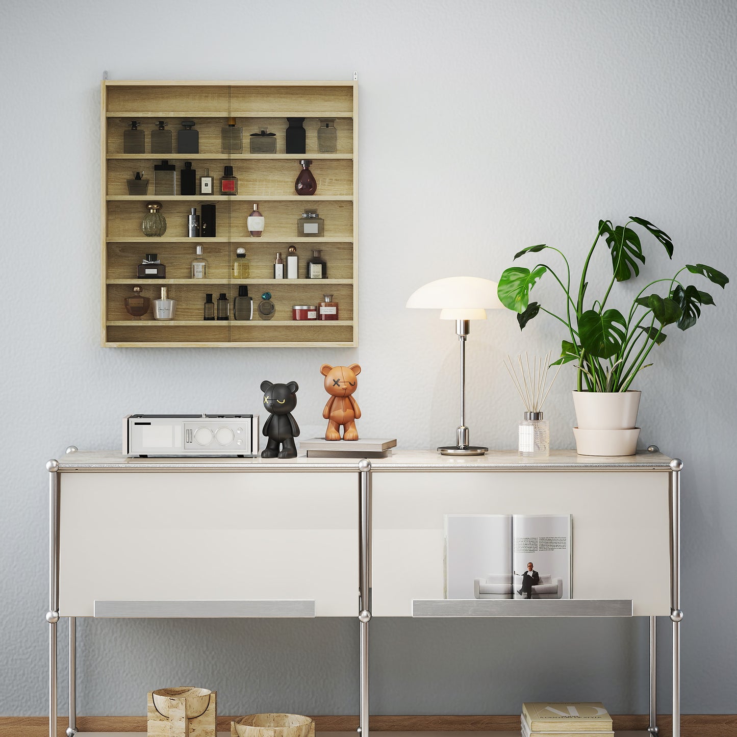 7-Tier Wall Display Cabinet w/ Shelves Glass Doors, Oak