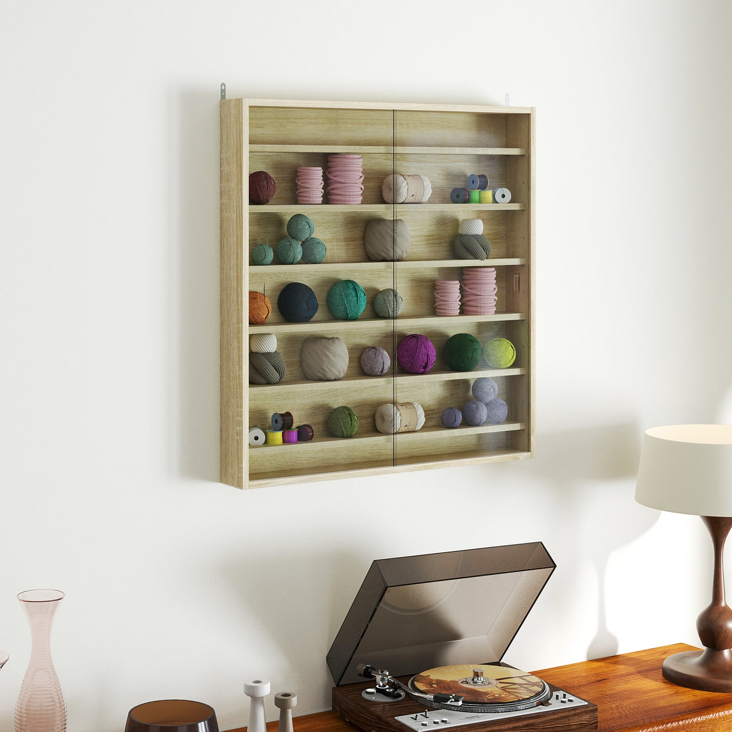 7-Tier Wall Display Cabinet w/ Shelves Glass Doors, Oak