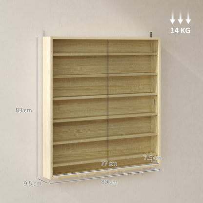 7-Tier Wall Display Cabinet w/ Shelves Glass Doors, Oak