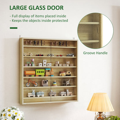 7-Tier Wall Display Cabinet w/ Shelves Glass Doors, Oak