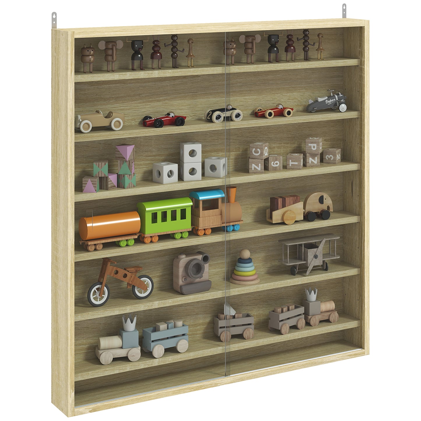 7-Tier Wall Display Cabinet w/ Shelves Glass Doors, Oak