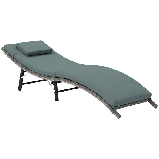 Folding Rattan Sun Lounger with Cushion and Pillow, Mixed Grey
