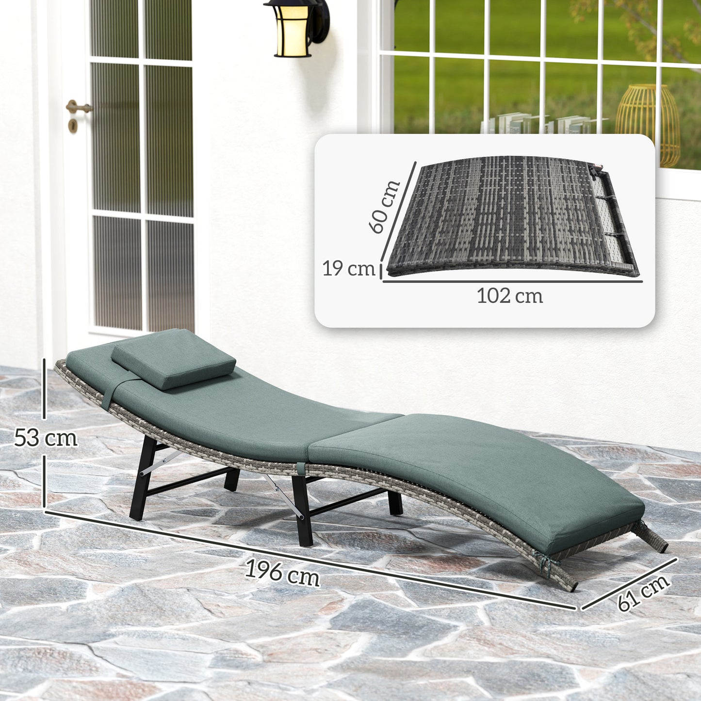 Folding Rattan Sun Lounger with Cushion and Pillow, Mixed Grey