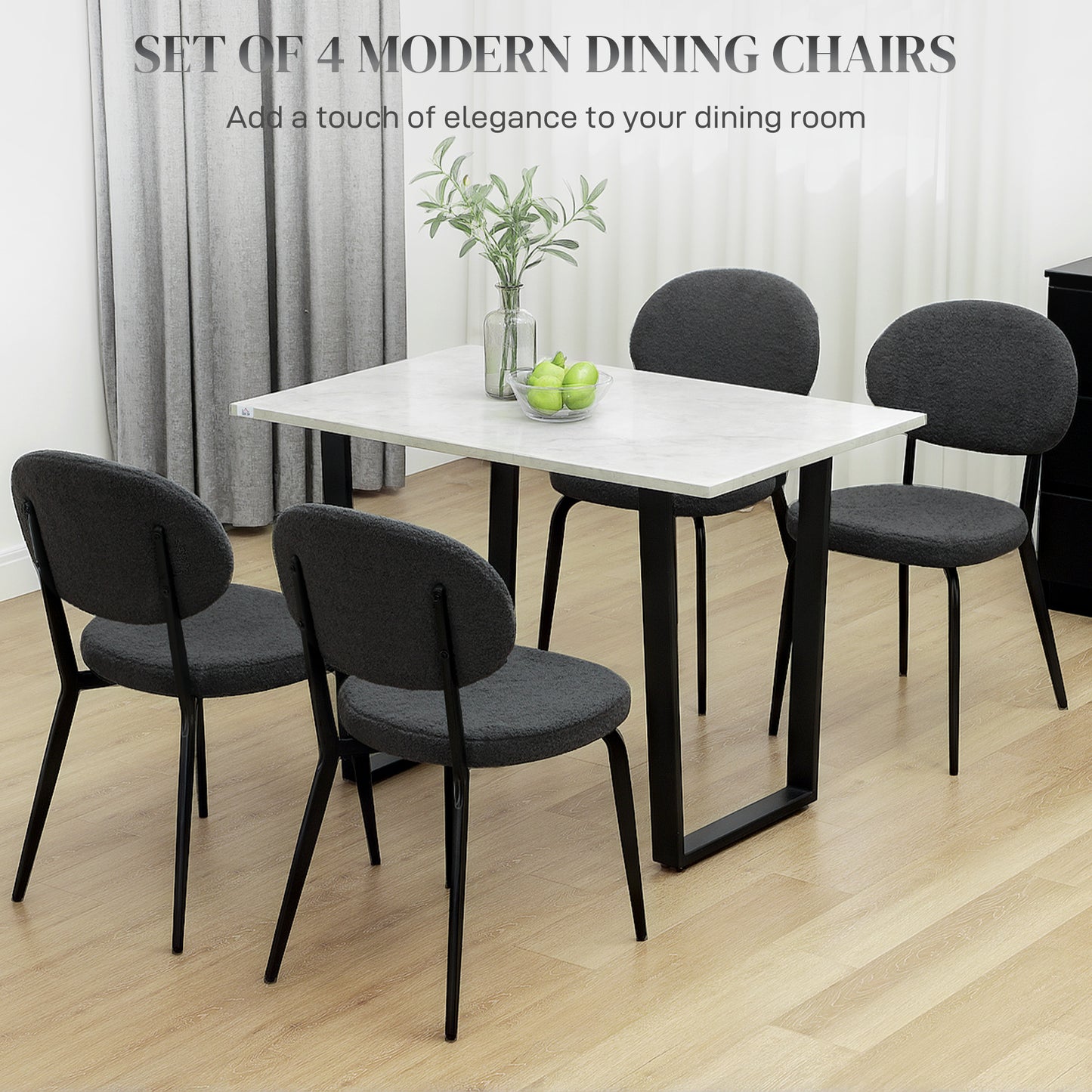 Set of 4 Sherpa Dining Chairs Boucle Kitchen Chairs with Back Black