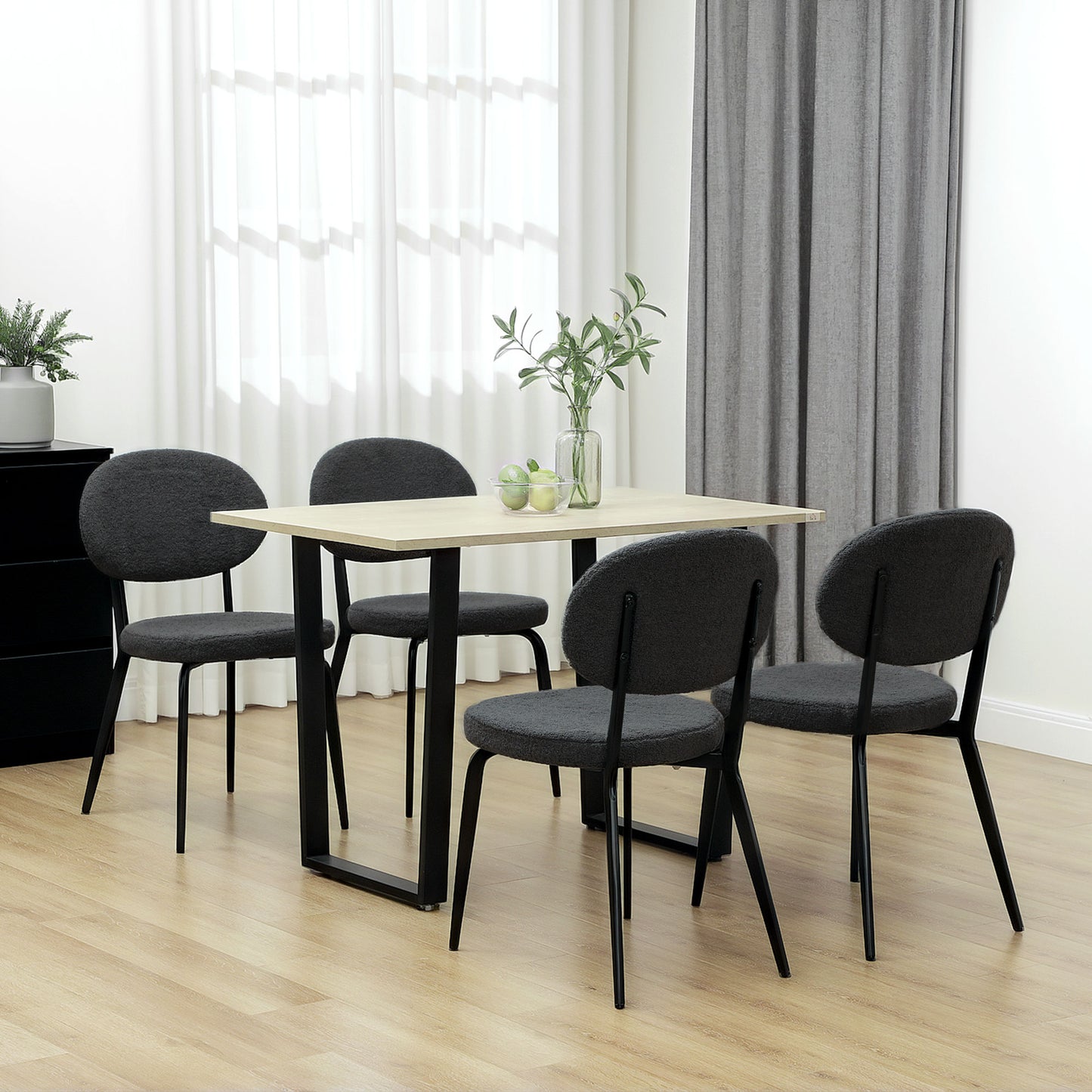 Set of 4 Sherpa Dining Chairs Boucle Kitchen Chairs with Back Black