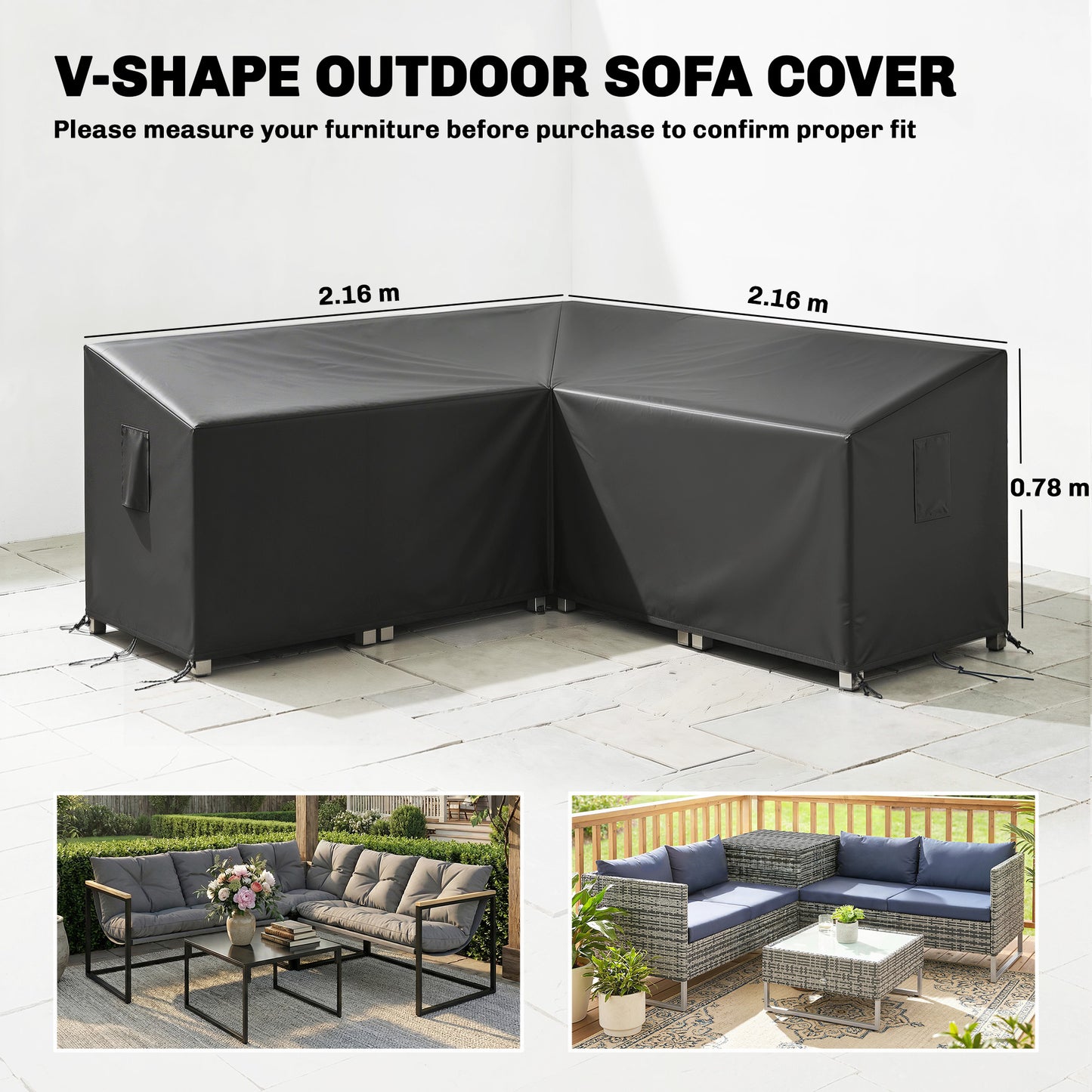 V-Shaped Sectional Sofa Cover Waterproof Anti-UV, Black