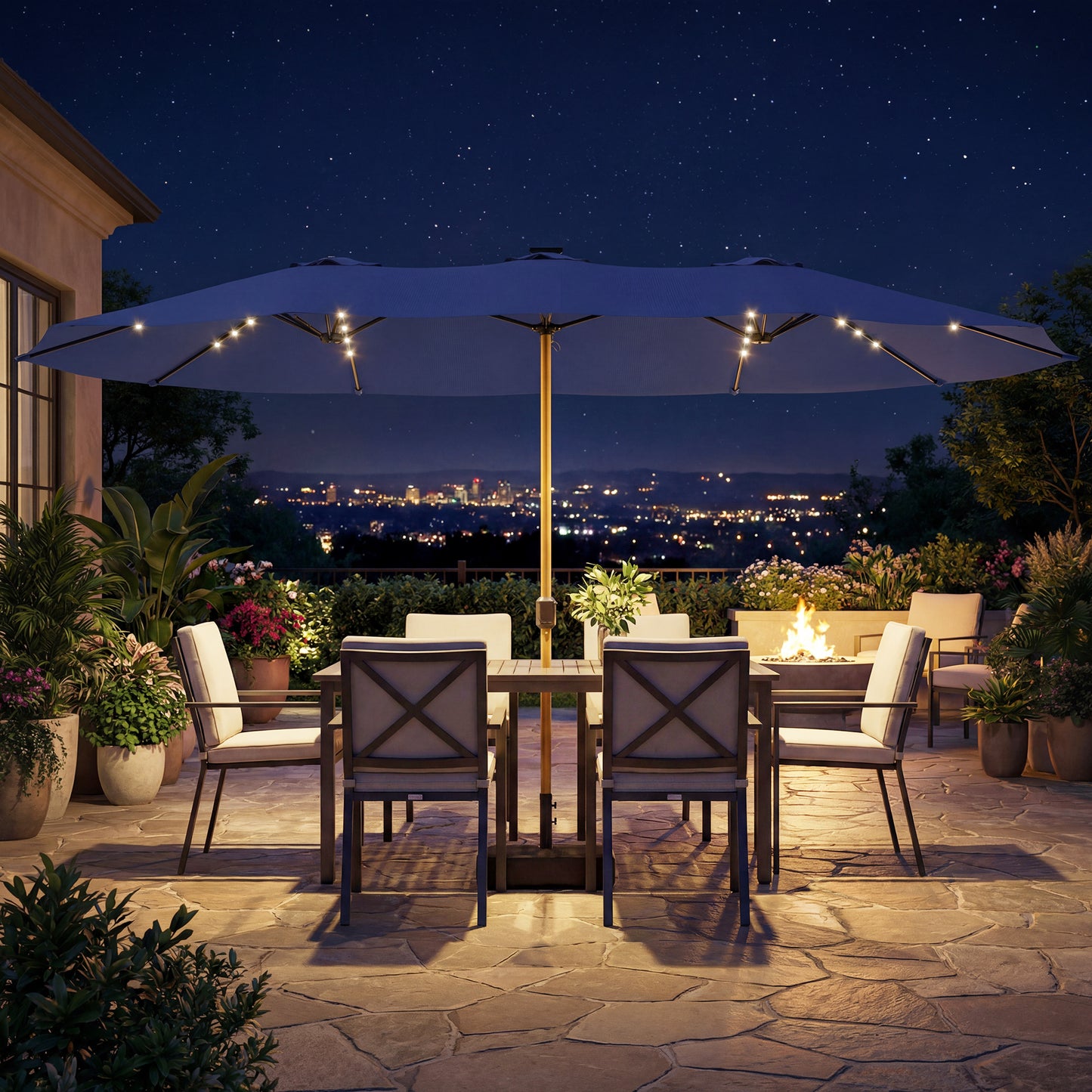 Double Sided Garden Parasol with 48 Solar LED Lights 4.6m Dark Blue