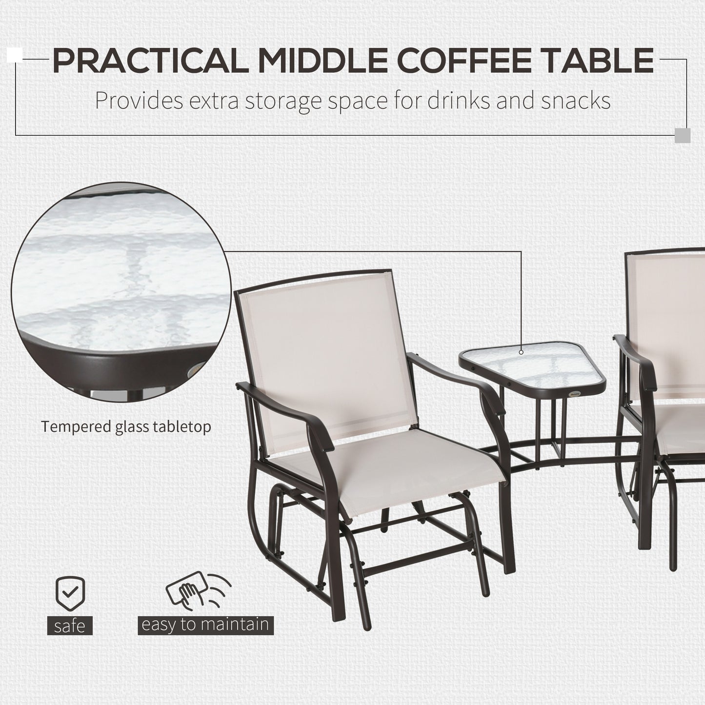 Garden Double Glider Rocking Chairs Gliding Love Seat with Middle Table Conversation Set Patio Backyard Relax Outdoor Furniture Beige