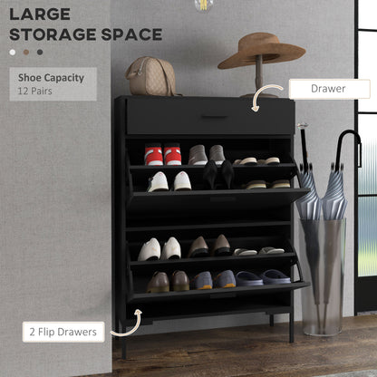 Shoe Storage Cupboard with 2 Flip Doors and Sliding out Drawer, Black