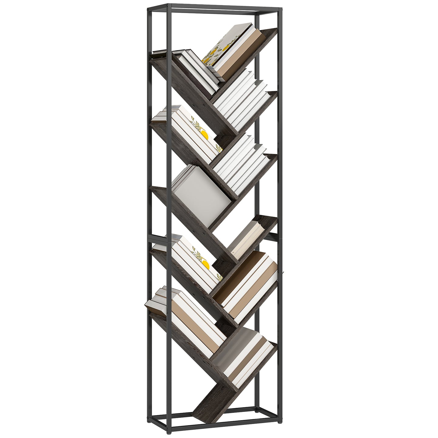 10 Tier Tree Bookshelf Industrial Tall Bookcase Grey Black