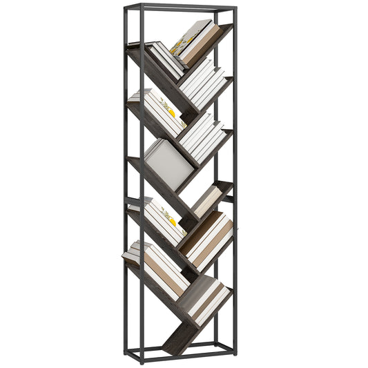 10 Tier Tree Bookshelf Industrial Tall Bookcase Grey Black
