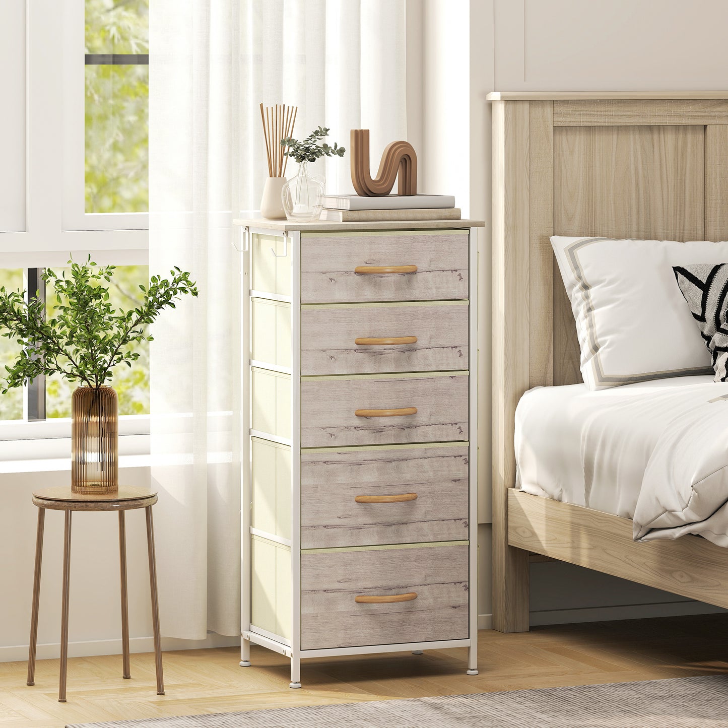 Fabric Chest of Drawers, 5 Drawer Dresser for Bedroom, Natural Wood