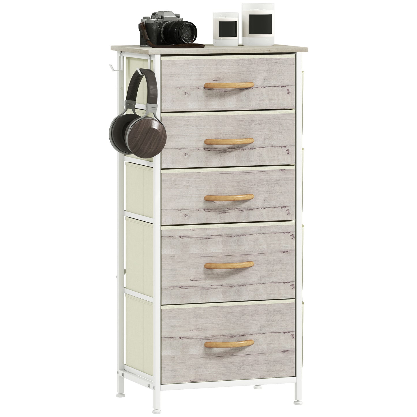 Fabric Chest of Drawers, 5 Drawer Dresser for Bedroom, Natural Wood