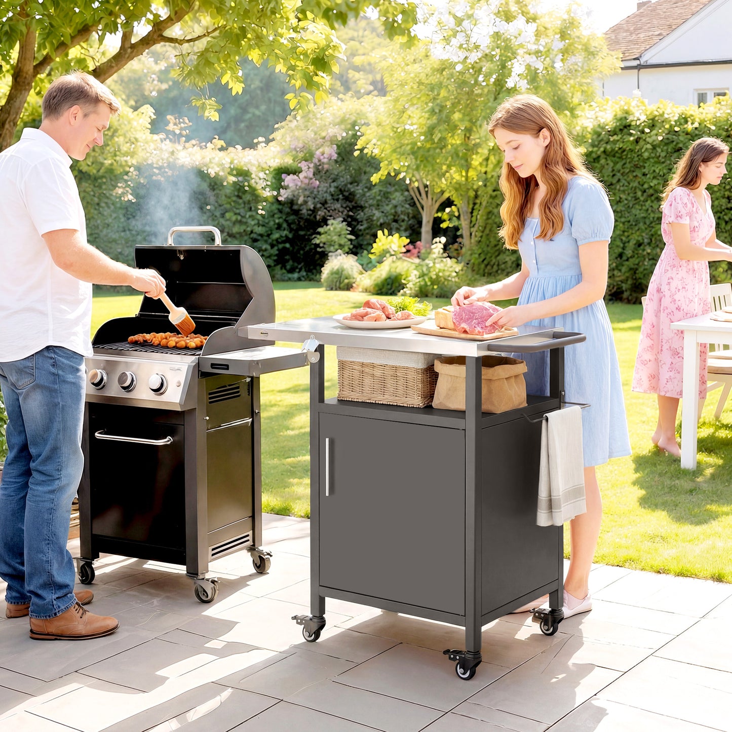 Outdoor Grill Cart with Cabinet, Food Prep Table on Wheels, Brown