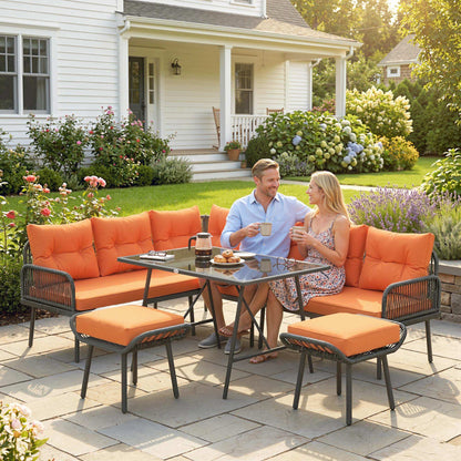 Sectional Outdoor Furniture with Glass Top Table, Orange