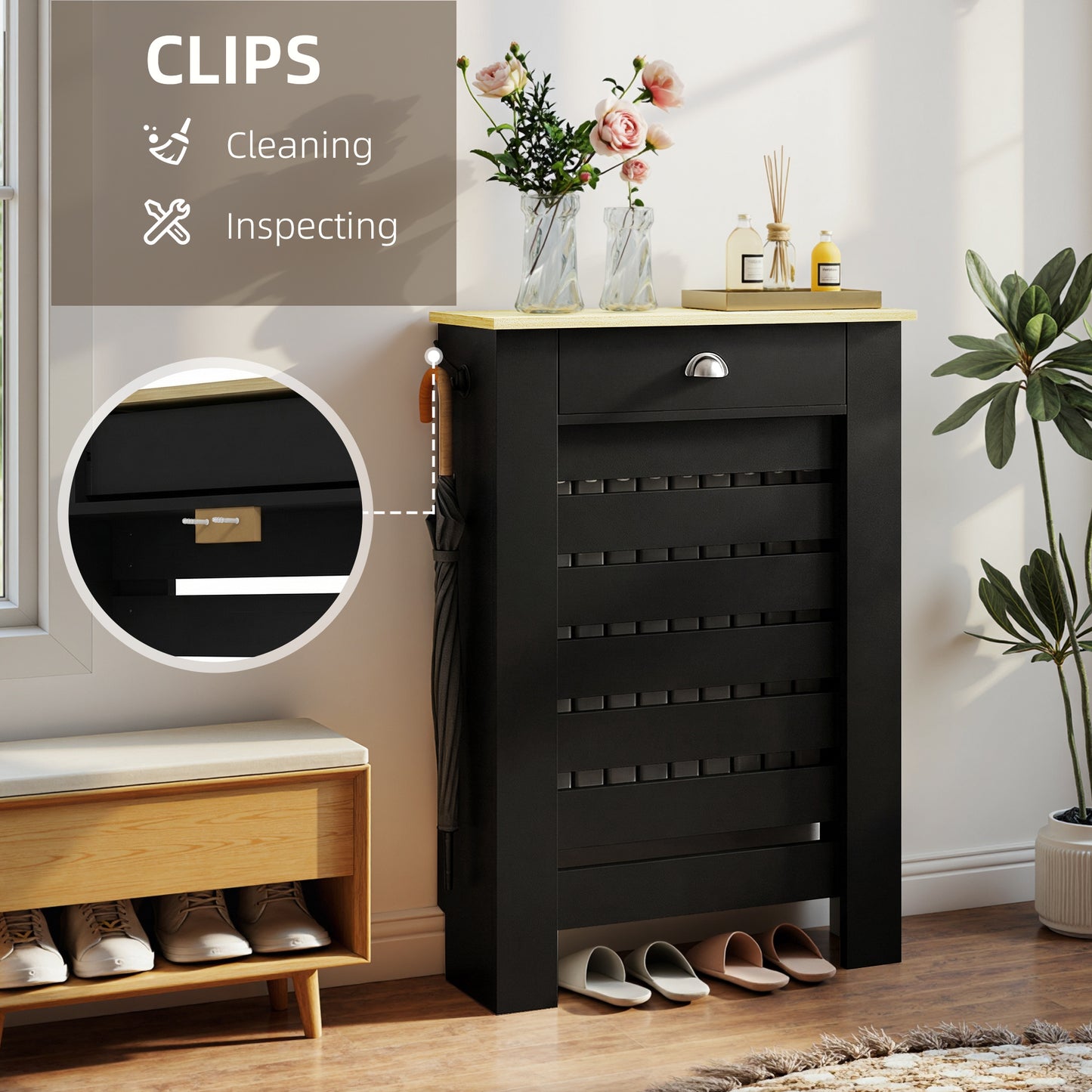 Radiator Cover with Drawer, Horizontal Slat, 78cm, Black