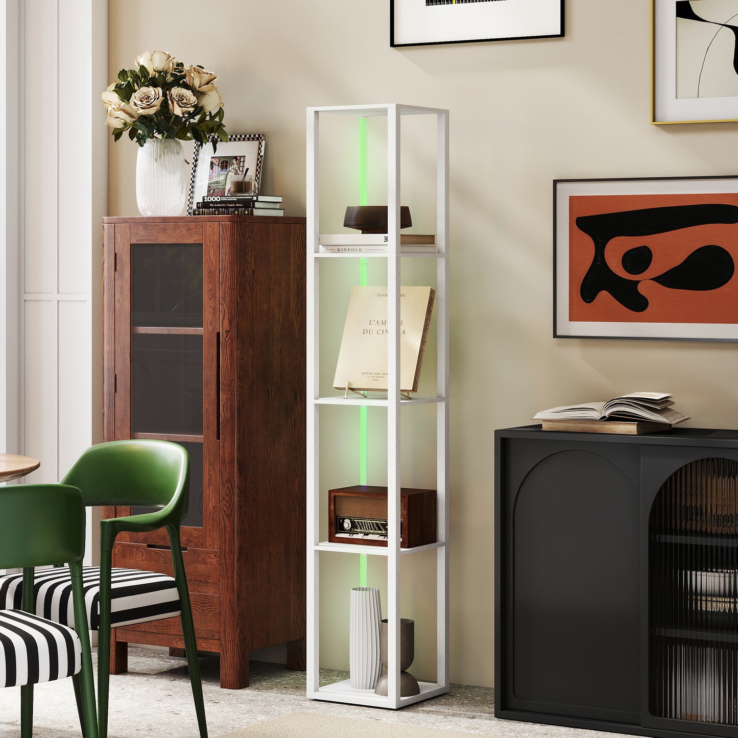 RGB LED Floor Lamp with Shelves and Remote Control for Bedroom, White