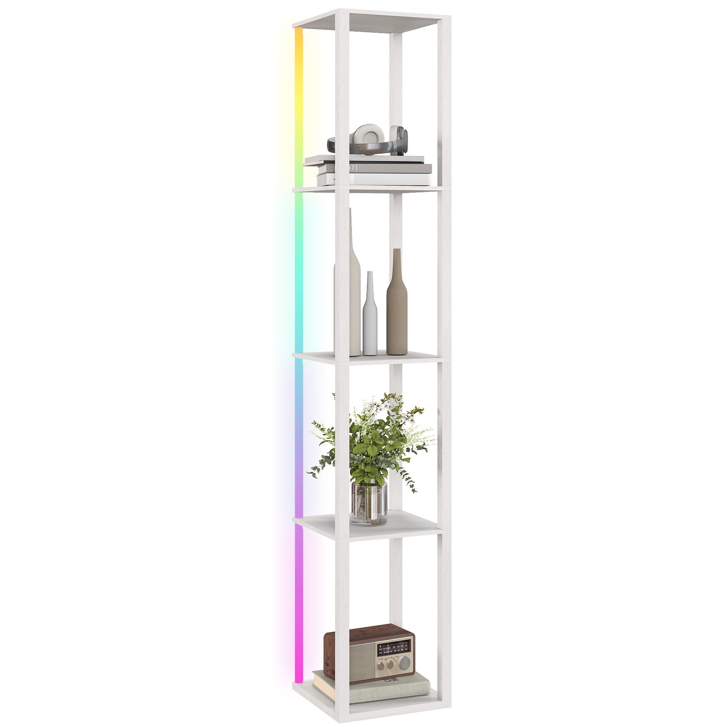 RGB LED Floor Lamp with Shelves and Remote Control for Bedroom, White
