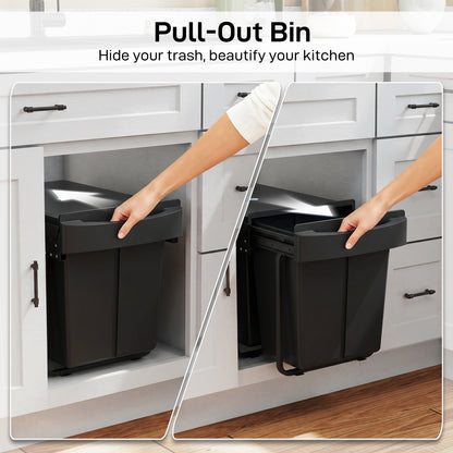 Pull Out Bin with Smooth Glide and Frosted Storage Lid, Soft-Close Kitchen Under Sink Bin with 2 Removable Compartments and Handle for Waste and Recycling, 40L (20L+20L), Black