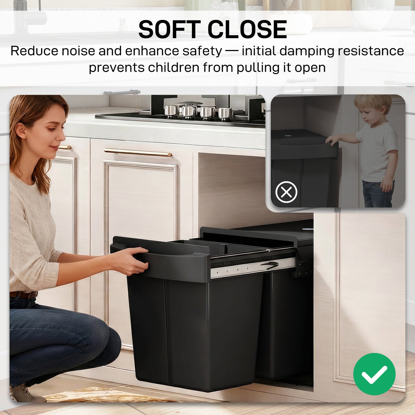 Pull Out Bin with Smooth Glide and Frosted Storage Lid, Soft-Close Kitchen Under Sink Bin with 2 Removable Compartments and Handle for Waste and Recycling, 40L (20L+20L), Black