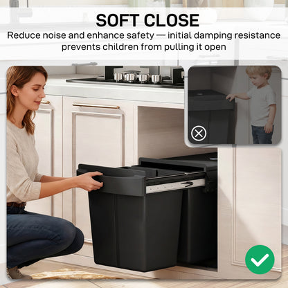 Pull Out Bin with Smooth Glide and Frosted Storage Lid, Soft-Close Kitchen Under Sink Bin with 2 Removable Compartments and Handle for Waste and Recycling, 40L (20L+20L), Black